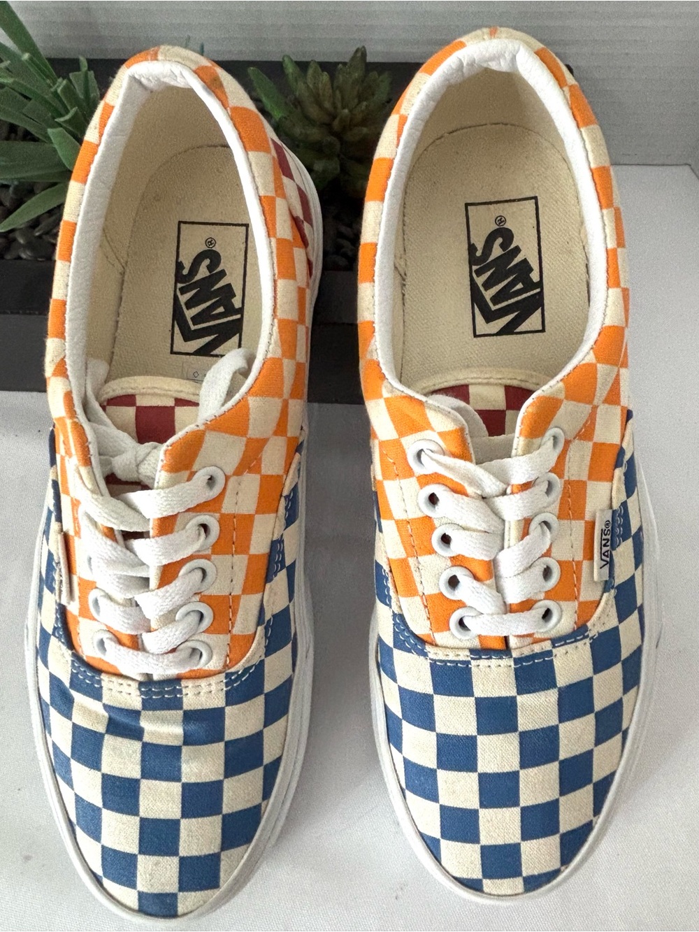 VANS  Checkerboard Lace-Up Sneakers in Blue, Orange & Cream White Lace-Up SZ 8-5 - Picture 6 of 9